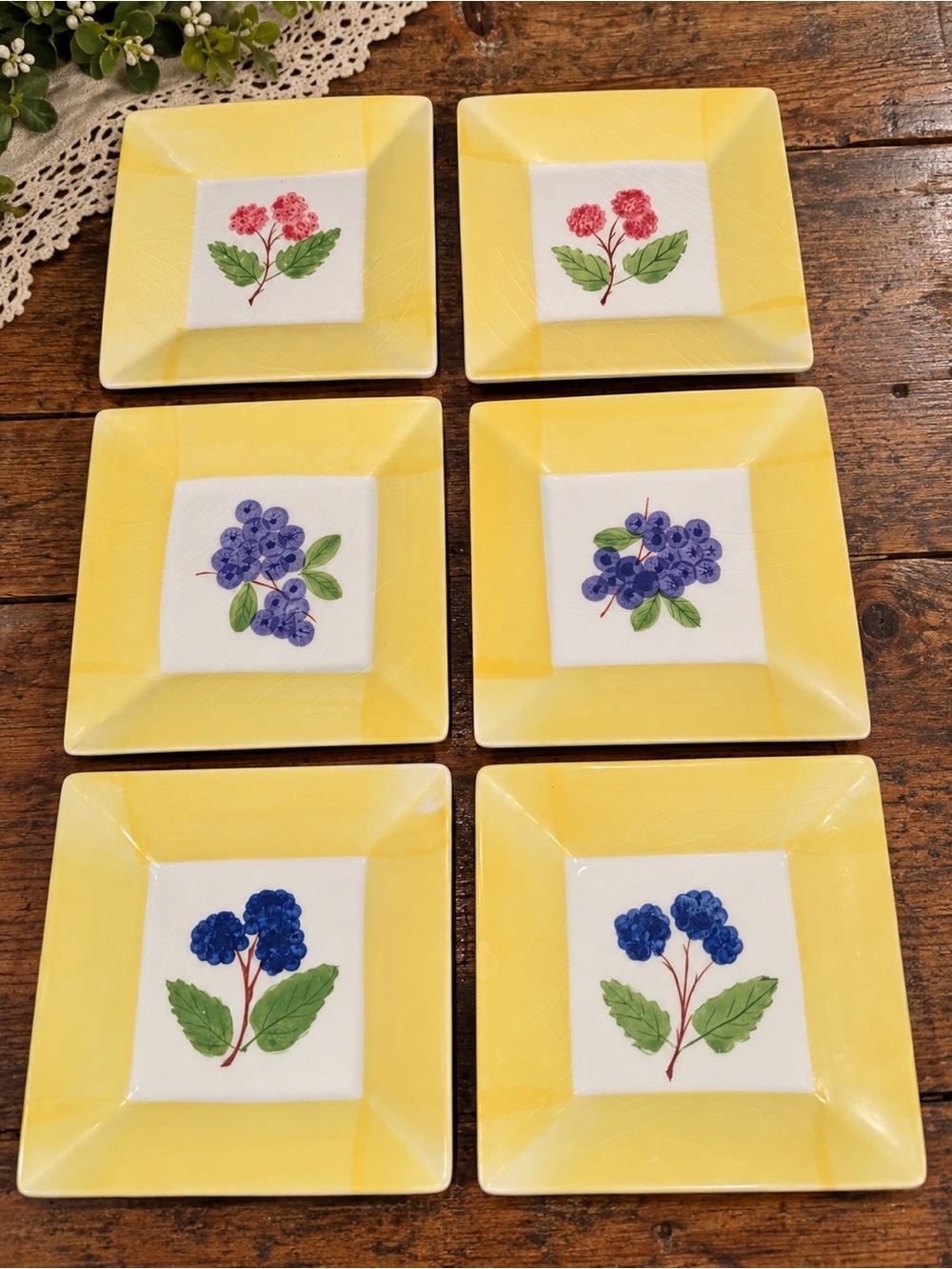 Faianca Subtil Portugal Set 6 Square Appetizer Plates Yellow Fruit 5.25”